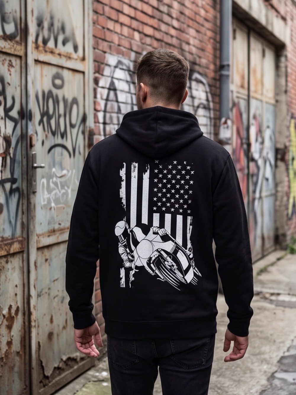Port & Company Mens Medium Black Motorcycle American Flag Graphic Back Hoodie